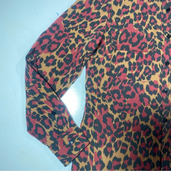 Go Silk Red Tan Black Leopard/Cheetah Print 100% Silk Button Down Blouse S - Picture 5 of 13